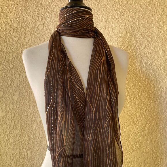 Made in Italy Brown with Silver Dots Scarf/Bandana‎ L 61” x W 13” - Picture 1 of 7